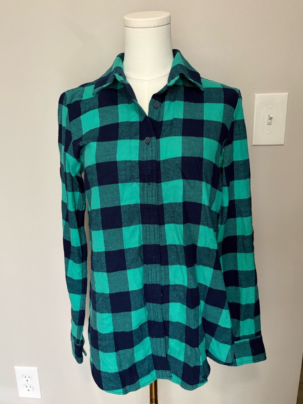 Lands' End Teal and Navy Plaid Button-Down Shirt
